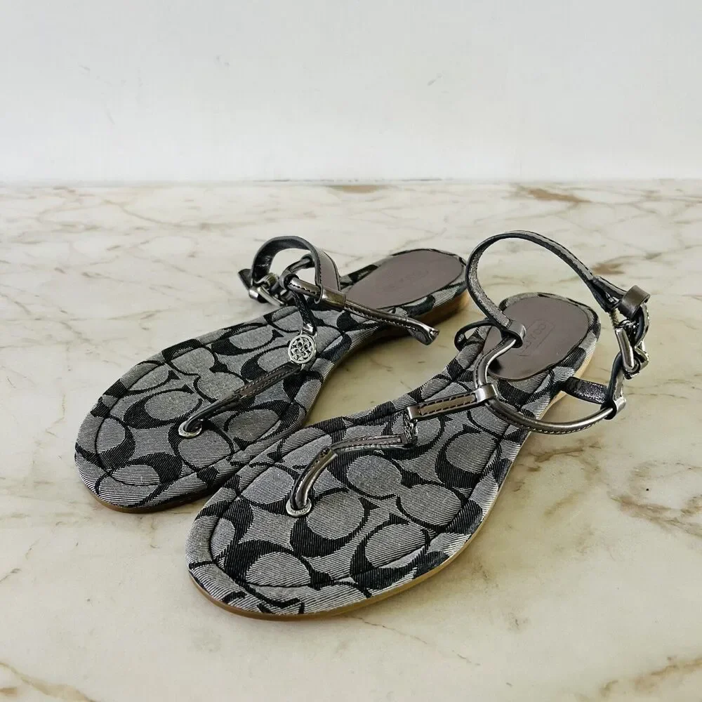 COACH Shirley Gray Black Canvas Logo Print Thong Sandal Silver Accent - US 7.5